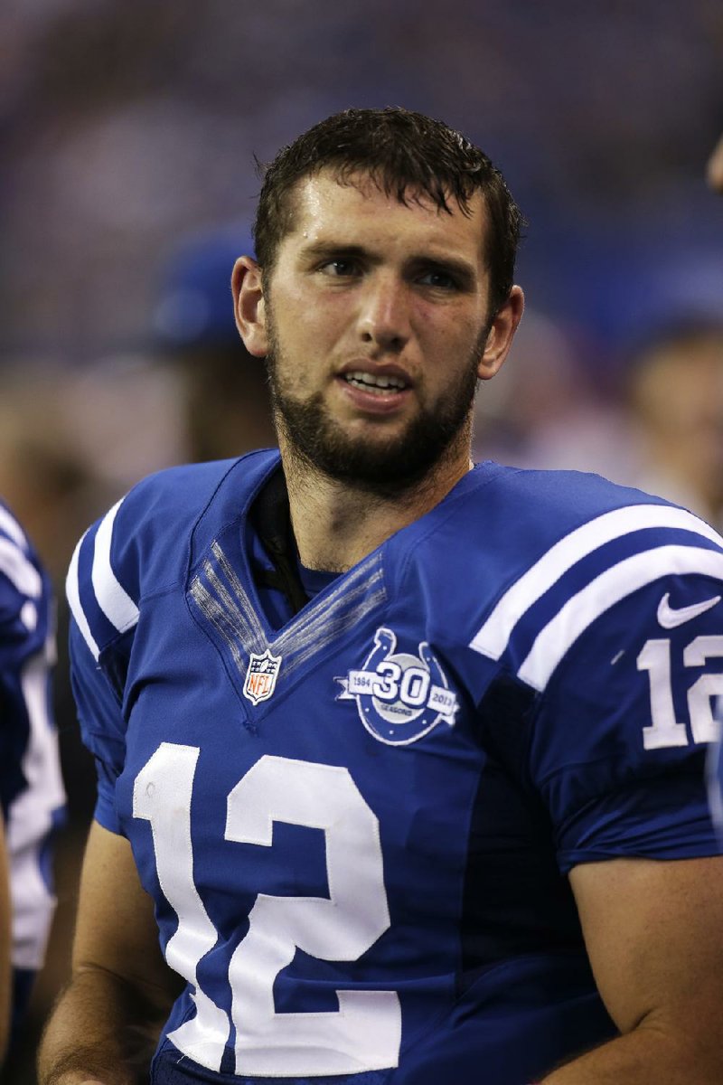 Indianapolis Colts quarterback Andrew Luck not her bench during the second half of an NFL football game against the Seattle Seahawks in Indianapolis, Sunday, Oct. 6, 2013. (AP Photo/AJ Mast)