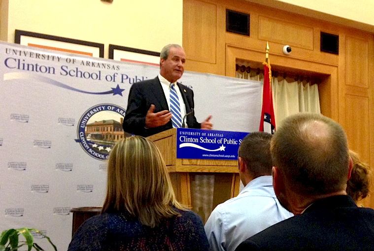 Watertown Police Chief Ed Deveau, who was in Little Rock on Wednesday as part of the Clinton School of Public Service's lecture series, recounted the events of Boston Marathon bombings that occurred on April 19, 2013.