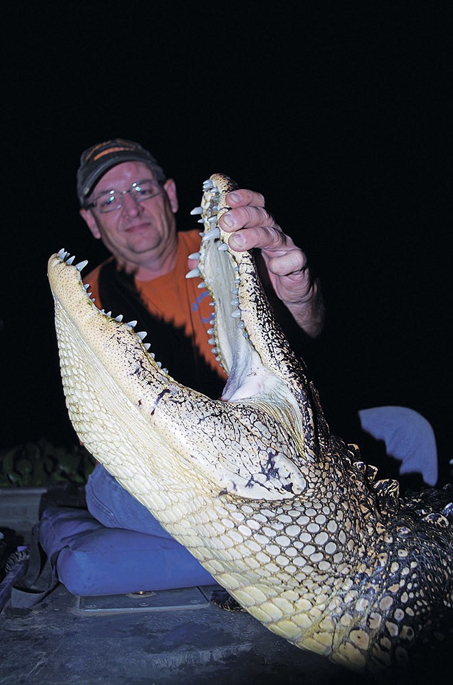 Chuck Long of Jonesboro poses for a shot showing the monstrous maw of Keith Sutton’s alligator.