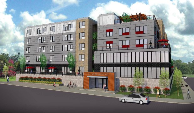 An architects' rendering shows plans for a 233-bedroom apartment complex at West Watson Street and North St. Charles Avenue. City staff members are waiting for several revisions to the project before it can be approved.