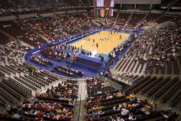 A small crowd watches Arkansas and Ole Miss in the first round of the SEC women's tournament at Alltel Arena Thursday, March 5, 2009. 