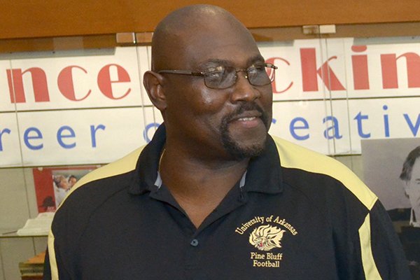 Former University of Arkansas football player Dennis Winston at the Washington County Historical Society in 2012. Winston and other former Razorbacks spoke about their experiences being among the first black players to play at the University of Arkansas. 