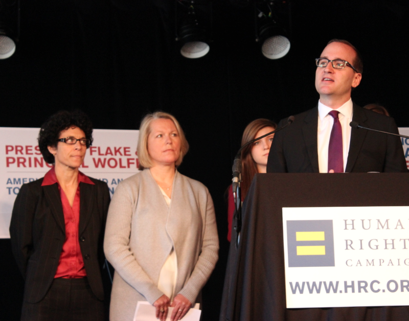 Human Rights Campaign President Chad Griffin speaks Tuesday at a news conference about the forced resignation of Mount St. Mary Academy teacher Tippi McCullough. McCullough, center, said the school forced her to resign shortly after she married Barbara Mariani, left, because it violated the morality clause of her contract.