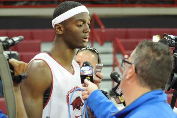 Arkansas freshman Bobby Portis answers questions from the media Thursday, Oct. 24, 2013, during the team's annual media day in Bud Walton Arena.