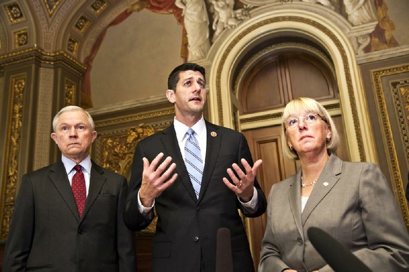 Rep. Paul Ryan (center), R-Wis., stands with fellow budget conferees Sen. Jeff Sessions, R-Ala., and Sen. Patty Murray, D-Wash., after they were chosen Oct. 17 to hammer out a budget compromise. A “grand bargainesque” plan is unreachable, he said, so the talks “should aim for the achievable.” 