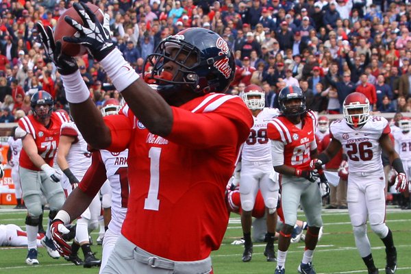 Ole Miss receiver Laquon Treadwell hauls in a touchdown pass late in the second quarter Saturday at Vaught-Hemingway Stadium in Oxford, Miss.