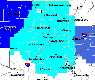 This map from the National Weather Service shows in light blue the areas in Arkansas that will be under a freeze warning beginning Tuesday night. The counties in dark blue will be under a hard freeze warning. The blue color in eastern Arkansas represents a hard freeze watch.