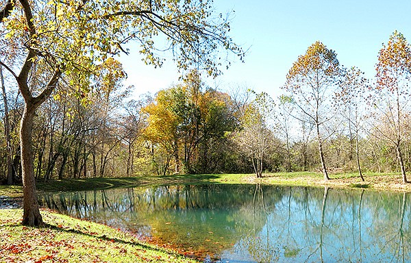 Photo by Randy Moll 
Fall colors were reflected in the waters of the newly-constructed pond in the Flint Creek Nature Area on city-owned property on the south side of Gentry. The two shallow ponds were dredged into one larger pond deep enough to support fi shing.
