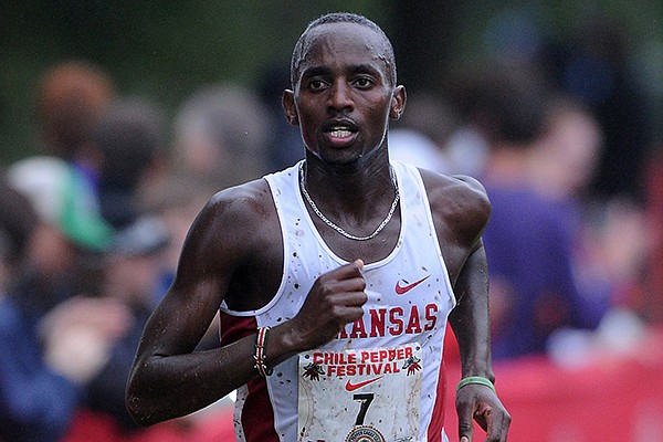 Arkansas' Stanley Kebenei approaches the finish line during the the 25th annual Chile Pepper Cross County Festival Saturday, Oct. 5, 2013. 