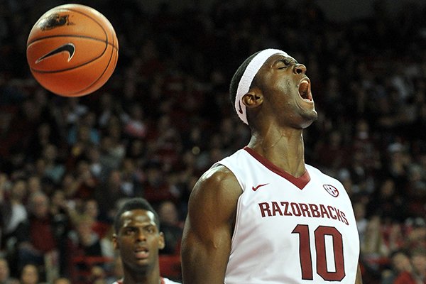 Arkansas' Bobby Portis reacts after getting fouled in the second half of Friday night's game against Louisiana-Lafayette at Bud Walton Arena in Fayetteville.