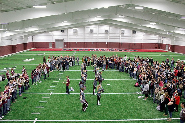  Photo by Patrick Lanford 
The Pioneers received a spirited send-off early Friday in their new athletic facility before leaving to play in Star City on Friday night in round one of the playoffs.