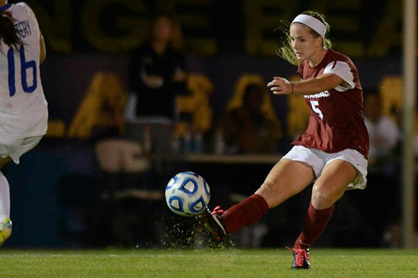 Arkansas junior midfielder Tyler Allen kicks the ball during a match against Florida at the SEC Tournament in Orange Beach, Ala. 