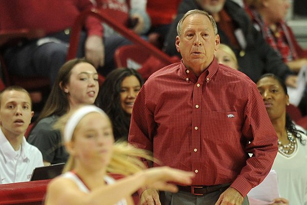 Arkansas coach Tom Collen watches his team during the first half of Tuesday nights game against Middle Tennessee at Bud Walton Arena in Fayetteville.
