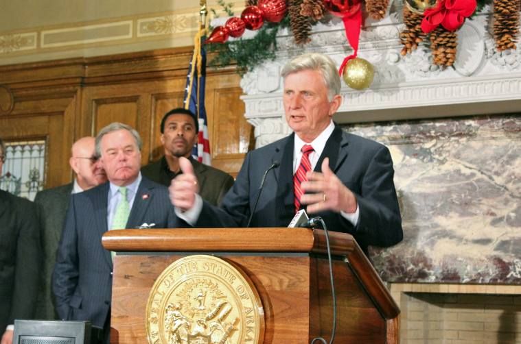 Gov. Mike Beebe speaks Monday at a news conference announcing a push to market large-acreage sites for major projects.