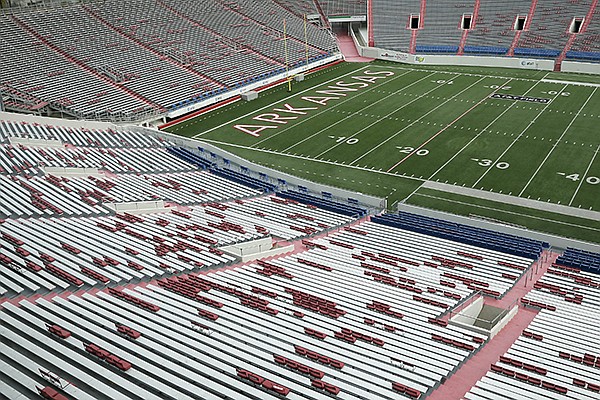 The word "Arkansas" is displayed in the north end zone at War Memorial Stadium in Little Rock, Ark., Tuesday, Nov. 26, 2013. (AP Photo/Danny Johnston)