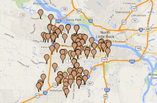 This screenshot from the Little Rock crime map shows the locations of 111 robberies reported in the city in November.