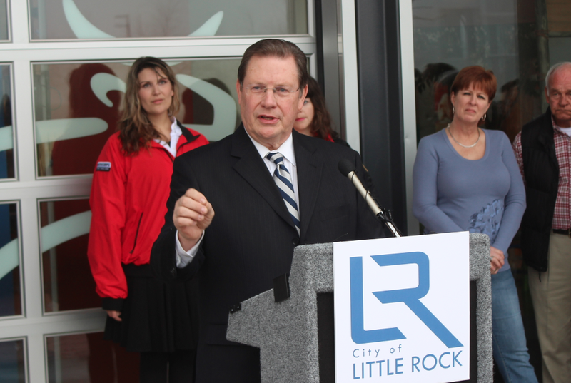 Little Rock Mayor Mark Stodola speaks Tuesday at an event declaring Tuesday as a day of giving.