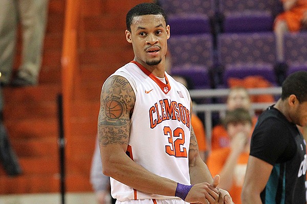 Clemson's K.J. McDaniels. center, reacts after he was charged with a technical foul for hanging on the rim after making a dunk in the second half of an NCAA college basketball game against Coastal Carolina at Littlejohn Coliseum on Friday, Nov. 29, 2013 in Clemson, S.C. (AP Photo/Anderson Independent-Mail, Mark Crammer)