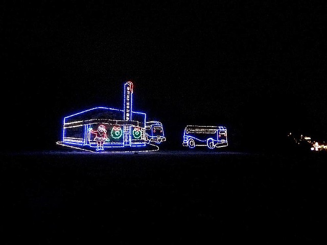 Downtown Blytheville’s historic Greyhound Bus Station is depicted in Christmas lights at Lights of the Delta. 