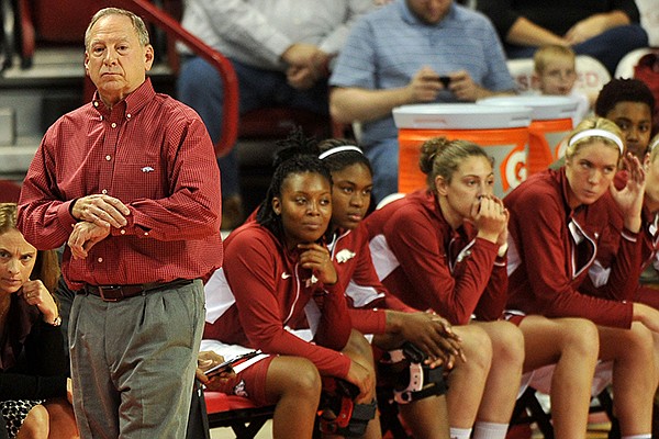 Arkansas coach Tom Collen watches his team during the first half of a Tuesday, Nov. 19, 2013 game against Middle Tennessee at Bud Walton Arena in Fayetteville.