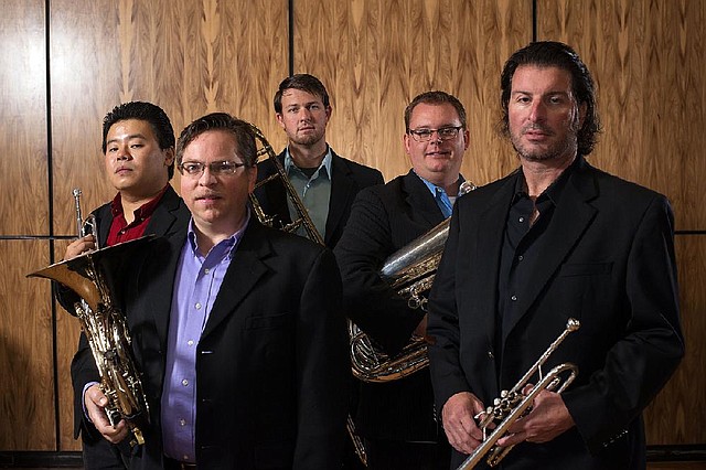 Pinnacle Brass ‚Äî (from left) Eric Liu, trumpet; Brent Shires, horn; Justin Cook, trombone; Christian Carichner, tuba; and Larry Jones, trumpet.
Pinnacle Brass