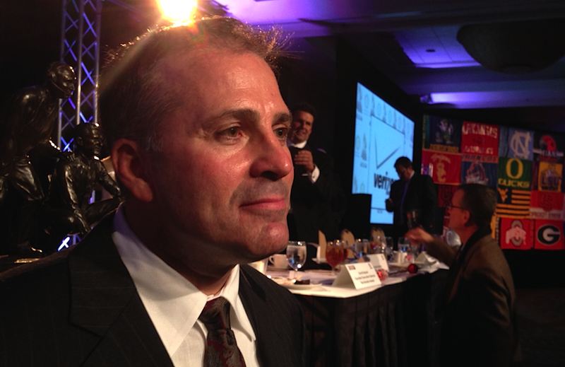 Michigan State defensive coordinator Pat Narduzzi speaks with the media Tuesday, Dec. 10, after winning the 2013 Broyles Award at the downtown Little Rock Marriott.