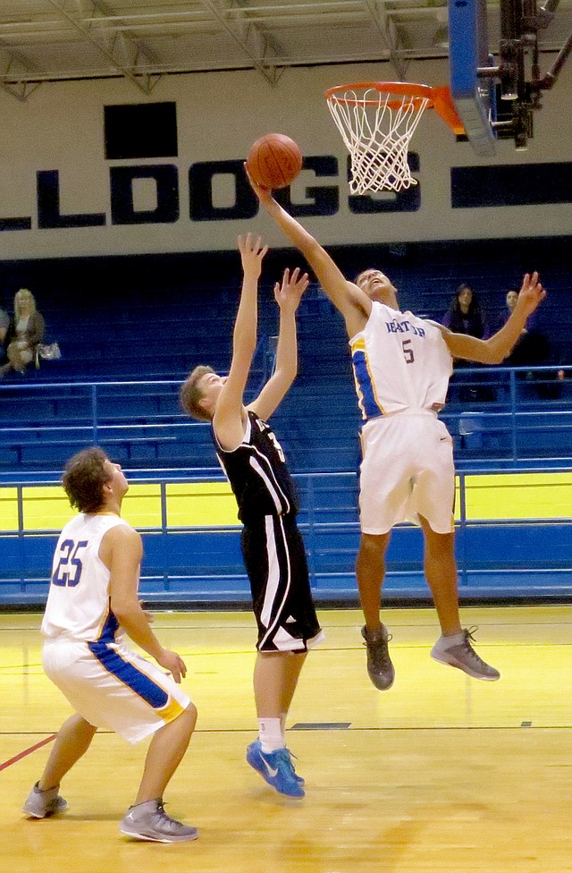 Photo by Mike Eckels Gravette Lions Terence Pierce (#10) goes over the top of Union Christian s Will Callaway (#20) as he tries for a layup during the quarter-final game of the Decatur Tournament ...