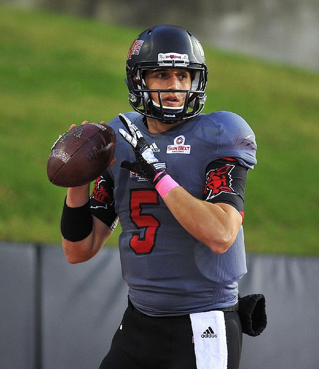 Arkansas State quarterback Adam Kennedy has not practiced since suffering a knee injury in ASU’s regular-season finale. 