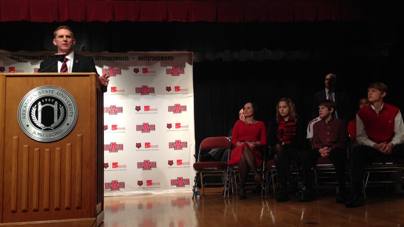 New Arkansas State head coach Blake Anderson addresses the crowd during his introductory press conference. 