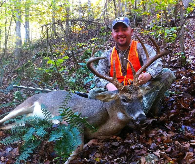Michaiah Stanley bagged this giant buck Oct. 22 while hunting with his father, Mike Stanley of Highland, in the Sylamore WMA.