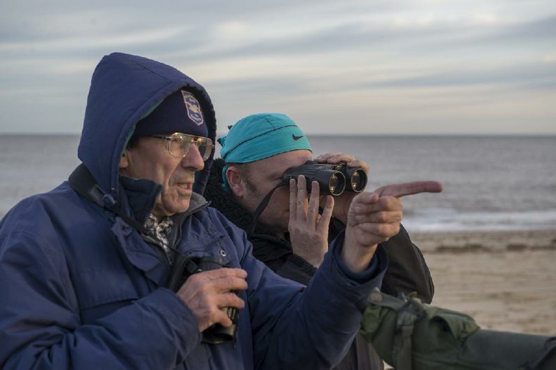 John Lees, left, and Garry Bagnell observe a shorelark Dec. 8, 2013 in Great Yarmouth, England. Illustrates ENGLAND-BIRDWATCHING (category i), by Anthony Faiola (c) 2013, The Washington Post. Moved Sunday, Dec. 15, 2013. (MUST CREDIT: Photo for The Washington Post by Andrew Testa)