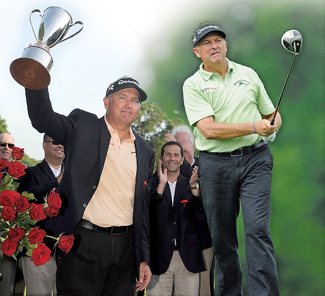 Ken Duke raises the trophy after winning the Travelers Championship golf tournament in Cromwell, Conn., Sunday, June 23, 2013. Duke won the tournament with a birdie on the second playoff hole. 