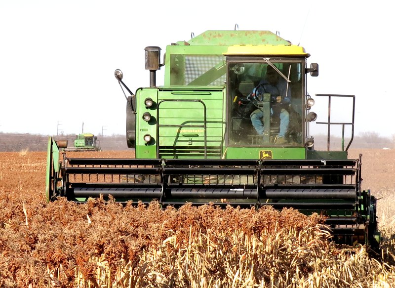 Photo by Randy Moll A pair of combines from the Haak Farm in Gentry harvested milo from fields on the southwest edge of Gentry on Dec. 18.