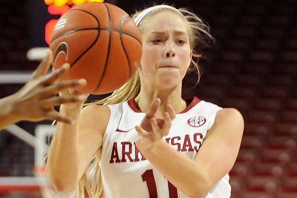 Arkansas' Calli Berna passes the ball during the second half of the game against Mississippi Valley State in Bud Walton Arena in Fayetteville on Saturday December 28, 2013. Arkansas defeated Mississippi Valley State 100-54. 