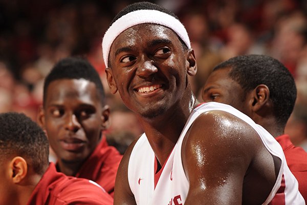 Arkansas forward Bobby Portis smiles during the second half of play Saturday, Dec. 28, 2013, in Bud Walton Arena in Fayetteville.