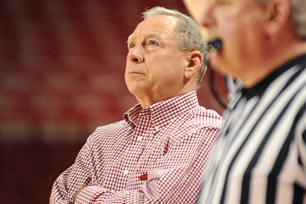 Arkansas Coach Tom Collen watches his team take on Mississippi Valley State during the second half of the game in Bud Walton Arena in Fayetteville on Saturday December 28, 2013. Arkansas defeated Mississippi Valley State 100-54. 