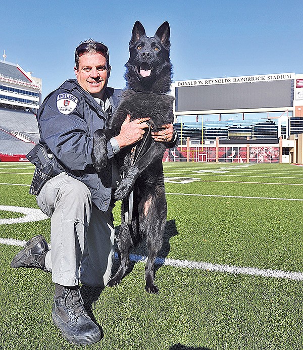 STAFF PHOTO MICHAEL WOODS 
Cpl. Chris Krodell and his police dog partner Orry with the University of Arkansas Police Department pose for a photo Friday at Reynolds Razorback Stadium in Fayetteville. Orry is the newest police dog in the UA Police Department.