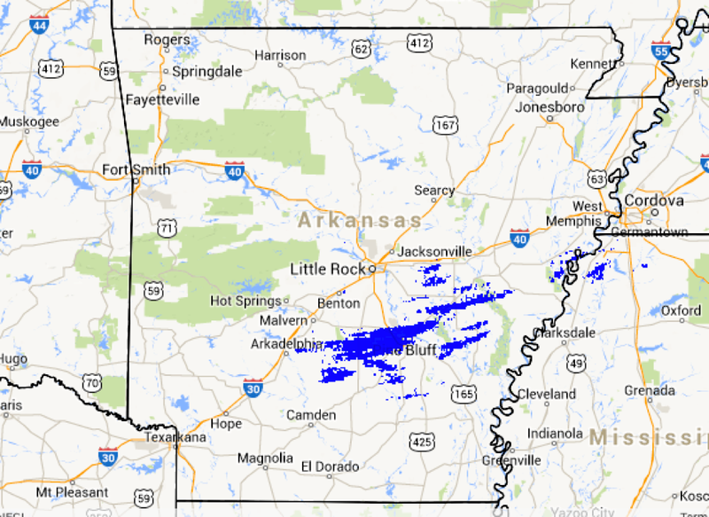 This radar image shows precipitation moving across Arkansas on Monday, Dec. 30, 2013.