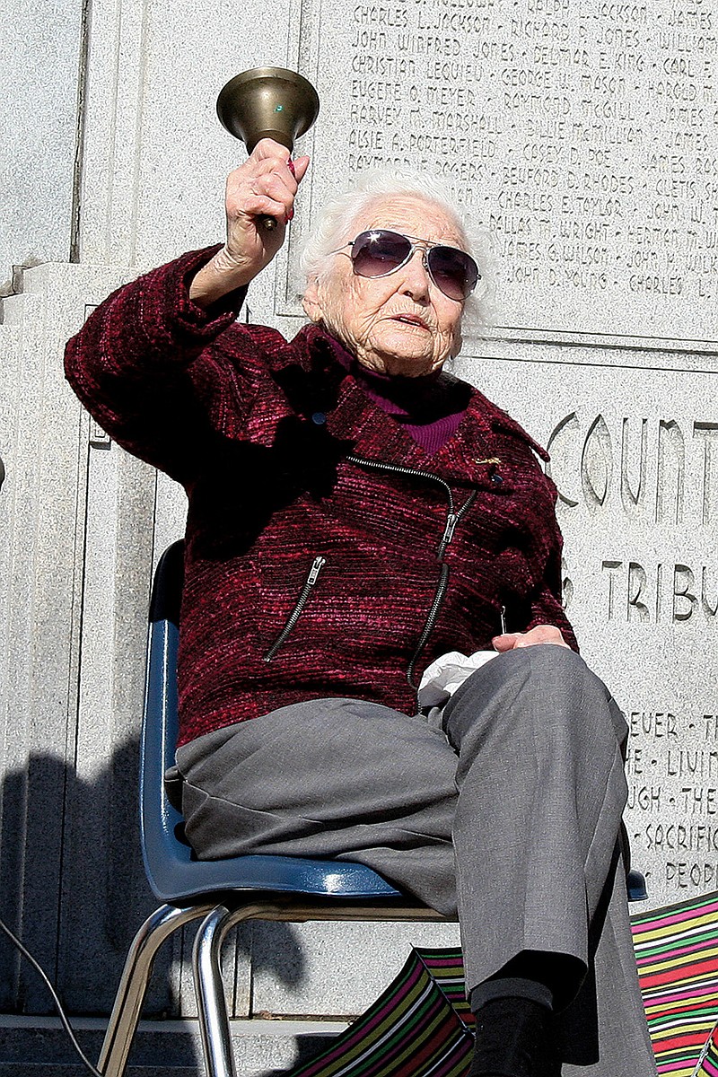 Florrie Wakenight Lyle, who turned 100 in August, rang a bell as part of a Veteran’s Day ceremony at the Saline County Courthouse in Benton. Lyle’s bell ringing has been a part of many patriotic observances in Saline County.