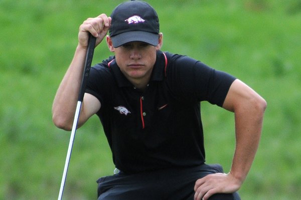 Arkansas golfer Taylor Moore on the fifth green during the opening round of the NCAA Regional Golf Tournament Thursday, May 16, 2013 at the Blessing Golf Club in Fayetteville.