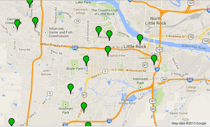 The Right2Know LRPD crime map shows the locations of Monday's burglaries.