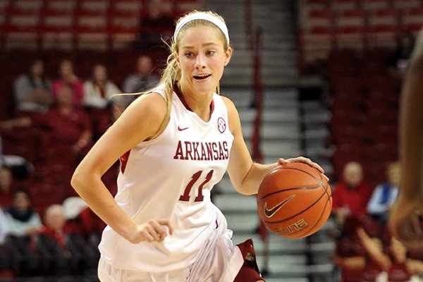 Arkansas' Calli Berna dribbles the ball during the second half of the game against Mississippi Valley State in Bud Walton Arena in Fayetteville on Saturday December 28, 2013.