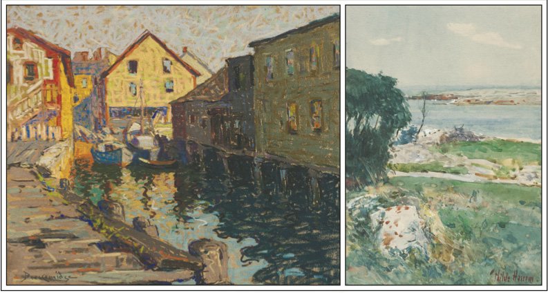 LEFT: Deserted Wharves, Gloucester, by Hugh Henry Breckenridge Pastel on paper laid down on board Courtesy Menconi & Schoelkopf Fine Art, LLC. 
RIGHT: Summer Afternoon, Appledore, by Frederick Childe Hassam Watercolor on paper Courtesy Debra Force Fine Arts, Inc., New York 