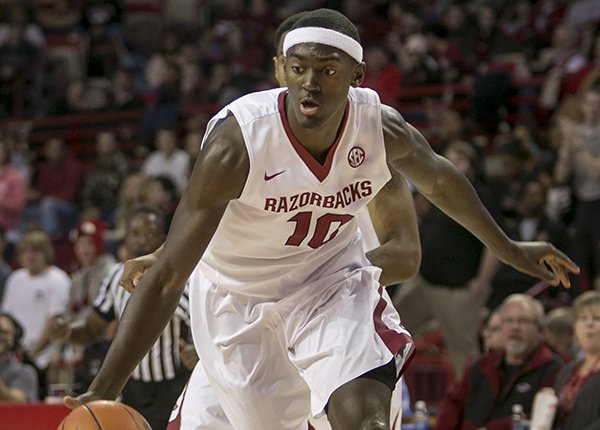 Arkansas forward Bobby Portis (10) dribbles the ball after stealing it during the second half of an NCAA college basketball game against UTSA on Saturday, Jan. 4, 2014, in Fayetteville, Ark. Portis led Arkansas in scoring with 19 points as Arkansas defeated UTSA 104-71. (AP Photo/Gareth Patterson)