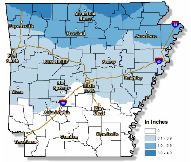 Areas in north Arkansas will receive at least 1 inch of snow accumulations, National Weather Service forecasters said Sunday. 