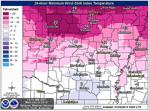 This graphic from the National Weather Service shows the minimum wind chills forecast for Arkansas through early Tuesday morning.