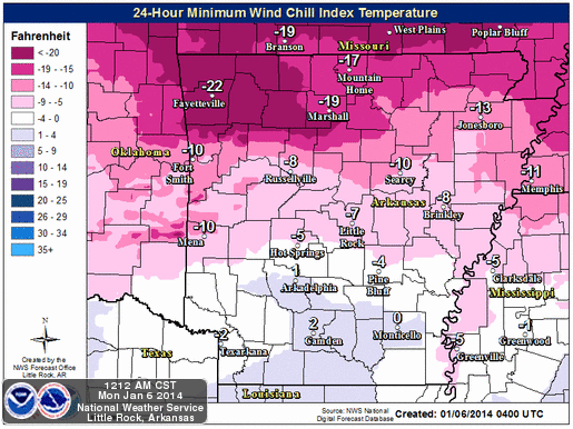 This graphic from the National Weather Service shows the minimum wind chills forecast for Arkansas through early Tuesday morning.