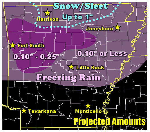 This graphic from the National Weather Service shows projected wintry weather accumulations through noon Thursday.