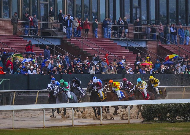 Racing fans gather near the front of the grandstand to watch the fifth race on opening day at Oaklawn Park in Hot Springs. An announced crowd of 15,031, the smallest opening-day crowd since 2003, braved chilly temperatures and plenty of rainfall. 