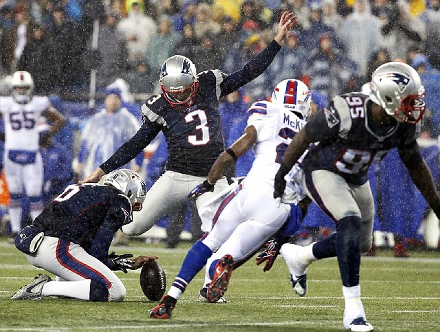 During the week New England Patriots kicker Stephen Gostkowski (3) uses a five-minute video of previous kicks and music to help him prepare for game day. 